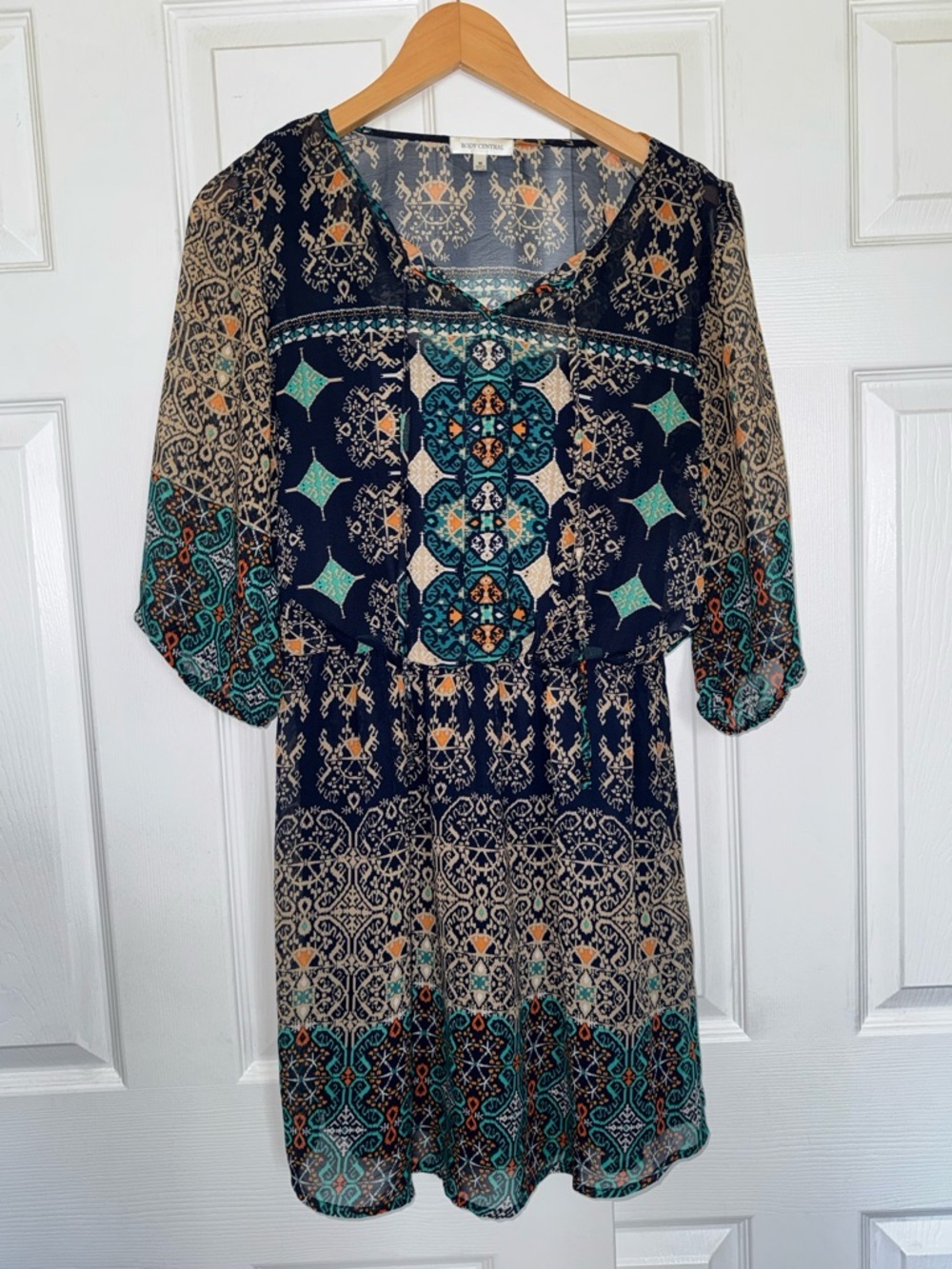 Boho Print Mini Dress | Navy/Teal Peasant Dress Flowy Festival Boutique Dress M